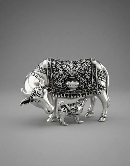 Kamadhenu Cow and Calf Silver Idol