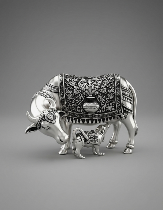 Kamadhenu Cow and Calf Silver Idol